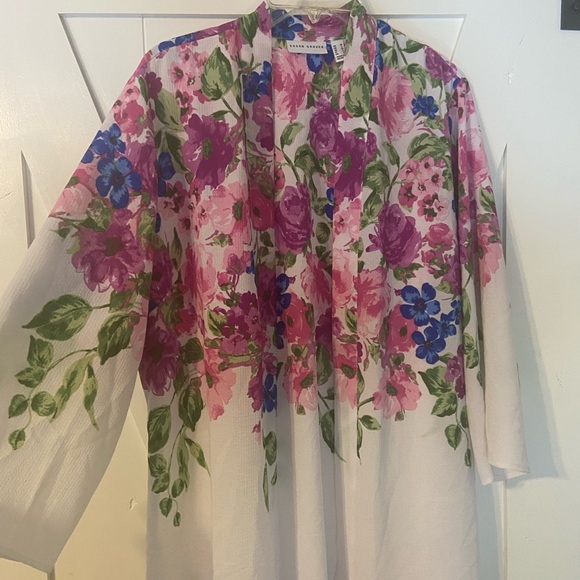 Susan Graver Pink and Purple Floral Open Front Cardigan Medium Ptp 22 length 30 - Picture 1 of 6